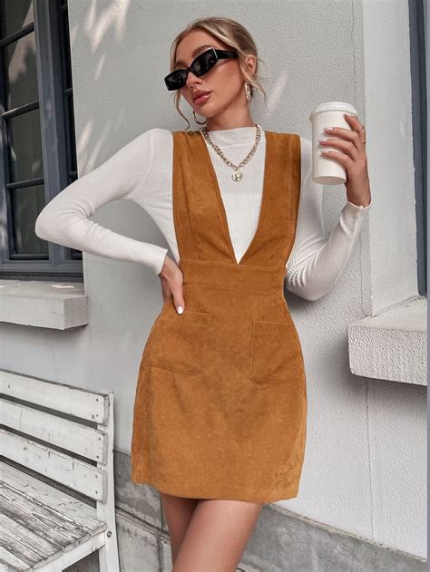 Solid Dual Pocket Front Corduroy Overall Dress | Corduroy dress outfit ...