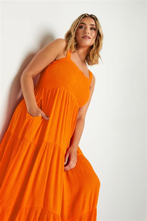 YOURS Plus Size Orange Shirred Strappy Sundress | Yours Clothing