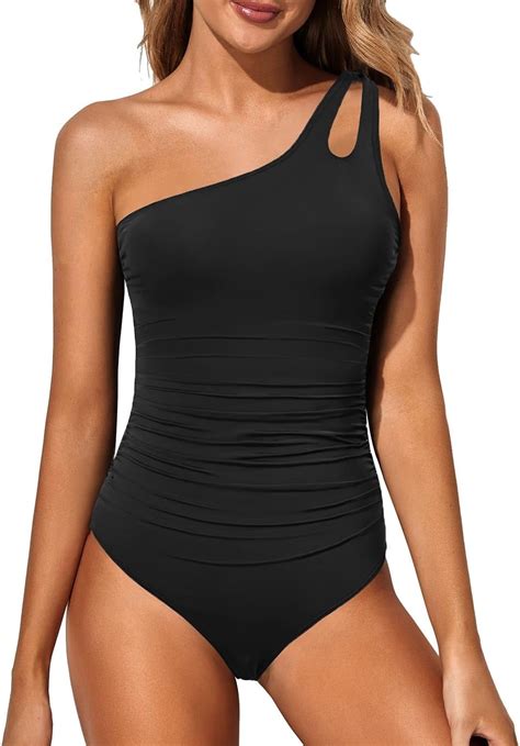 SOMER One Shoulder Swimsuit for Women Tummy Control Full Coverage Black ...