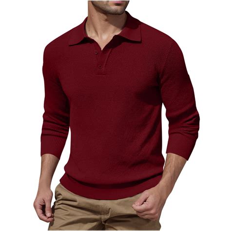 Mens Knit Polo Shirts Long Sleeve Casual Polo Sweaters Shirt Waffle ...
