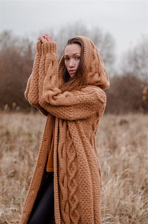 Long cardigan women camel Cable knit wool coat with hood | Etsy