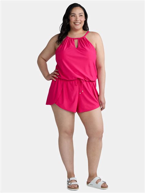 Time and Tru Women's and Women's Plus One Piece Swim Romper, Sizes XS ...