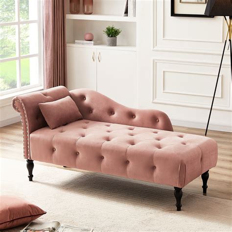 House of Hampton® Elegant Grey Velvet Chaise With Buttons, Solid Wood ...