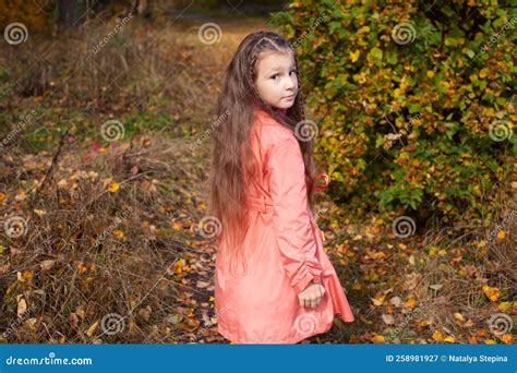 A Seven-year-old Girl in a Pink Raincoat in an Autumn Park. Hair Loose ...