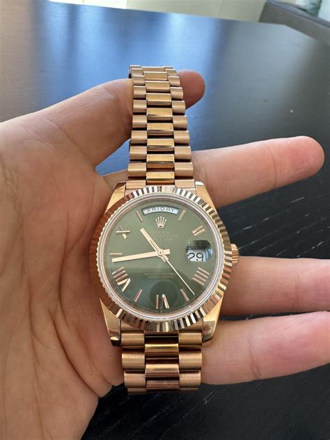 [FS] [CONUS] GMF Heavy Tungsten Daydate Olive Dial Rosegold, plated and serviced : r/TheRepTimeBST