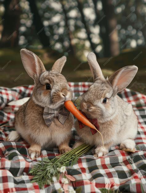 Premium Photo | Two rabbits eating carrots on a picnic table
