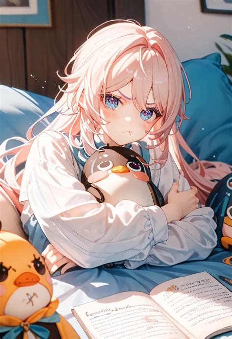 Anime girl laying on bed with stuffed animal and book - SeaArt AI