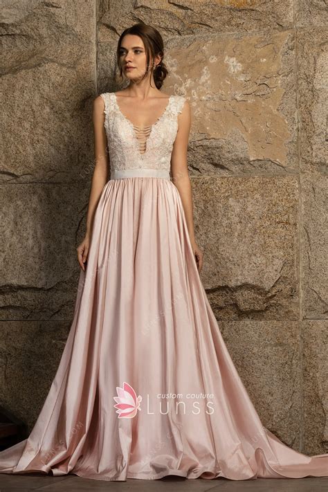 Sequined Lace & Taffeta Nude Pink Informal Bridal Dress - Lunss