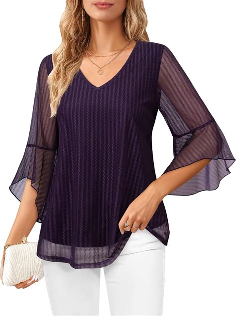 Lotusmile Women's Fancy Blouses Double Layers Mesh Dressy Tops 3/4 ...