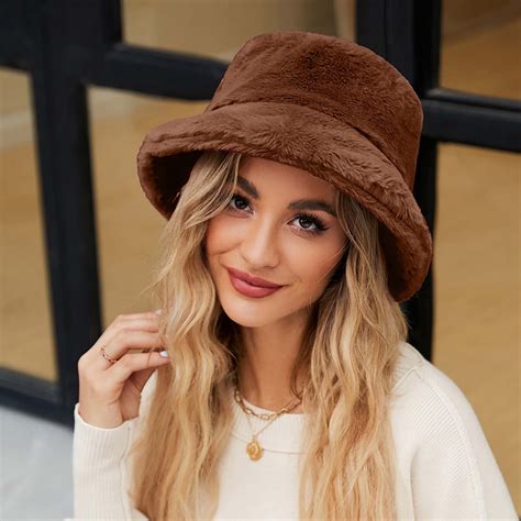 Lilgiuy Winter Fluffy Fuzzy Bucket Hat for Women Plush Furry Fisherman ...