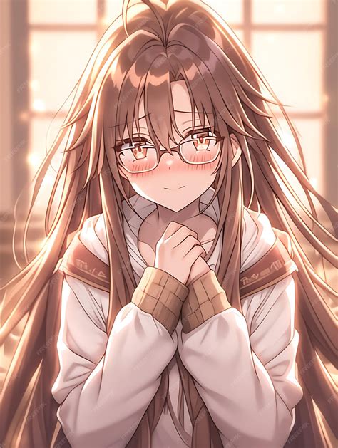 Shy anime girl with long brown hair wearing glasses | Premium AI ...