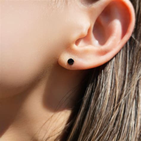 Circle Earrings - Black Stud Earrings - Silver Earrings - Cartilage ...