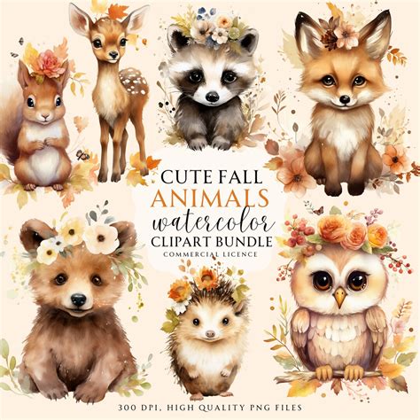 Cute Fall Baby Animals Watercolor Clipart, Autumn Baby Animals, Cute ...