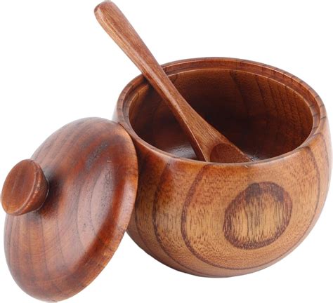 Hapivida Wood Salt Box Spice Jar, Wooden Salt Cellar with Lid and Spoon ...