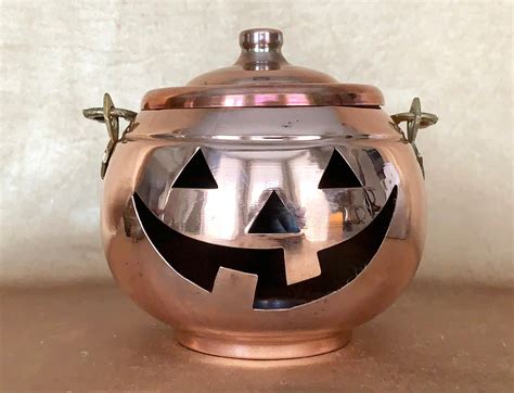 Vintage brass/copper Jack o lantern lidded candle holder decor ...