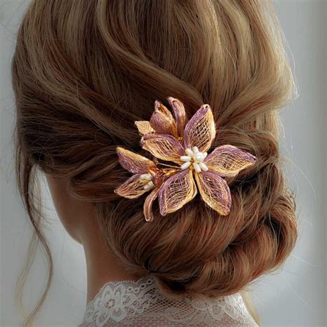 Amazon.com : Casdre Flower Bridal Hair Clip Gold Purple Pearl Bride ...