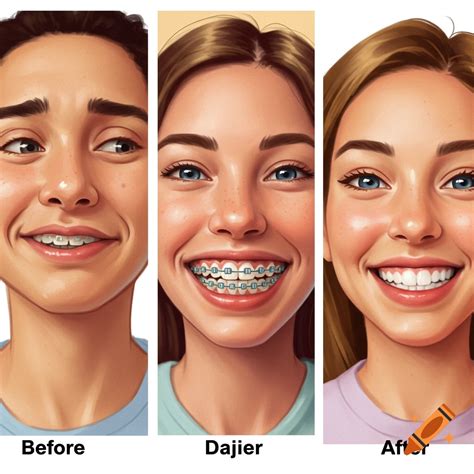 Three portraits showing faces with and without dental braces. on Craiyon