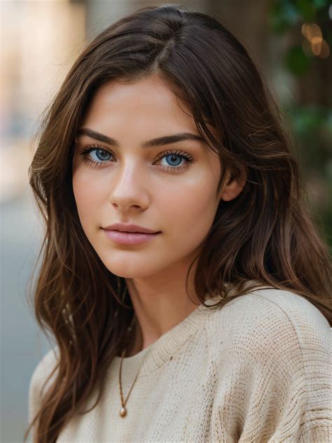 beautiful brunette wearing light beige sweater, very detailed, 21 years ...