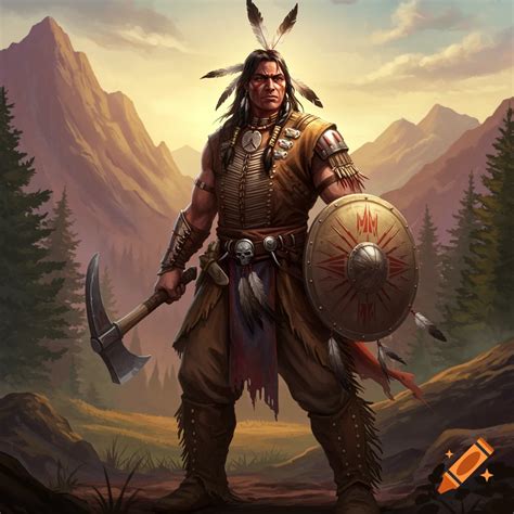 A fantasy image of a Native American warrior with a tomahawk and shield ...