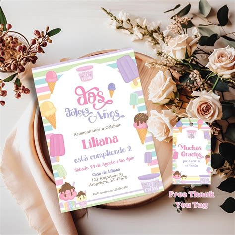 Spanish 2nd Birthday Ice Cream Invitation, Ice Cream Birthday, Two ...