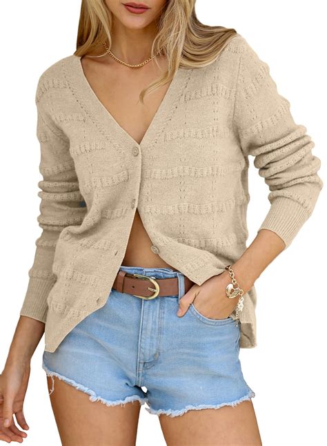 EVALESS Open Front Cardigan Sweaters for Women Button Down Long Sleeve ...
