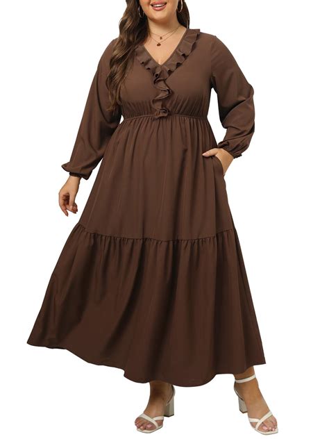 Plus Size A Line Flowy Dresses Long Sleeve V Neck丨Moon Wood