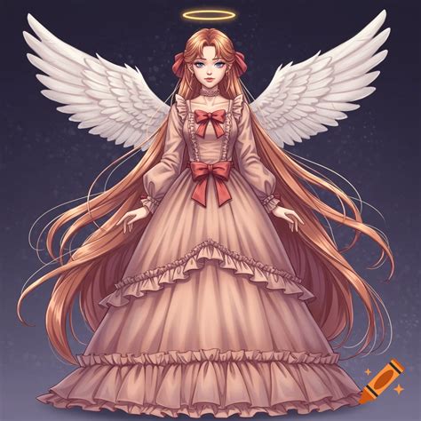 Anime girl with long hair, angel wings, and a halo wearing a ruffled ...