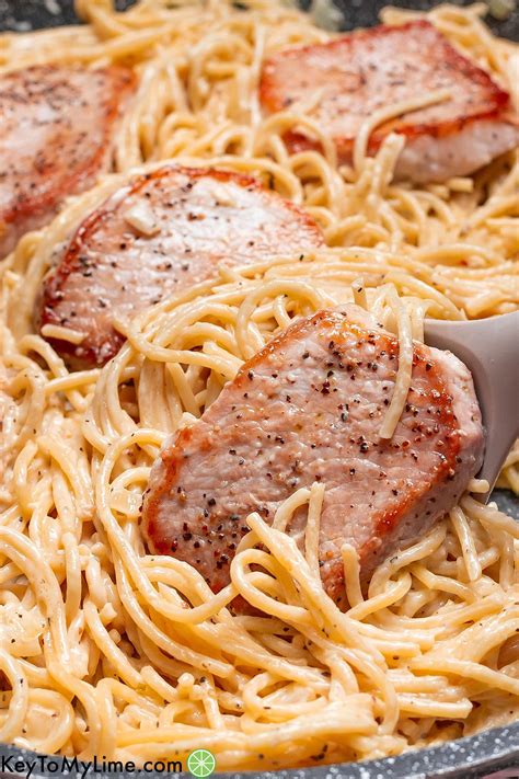 BEST Pork Chop Pasta {Creamy Garlic Sauce VIDEO} - Key To My Lime