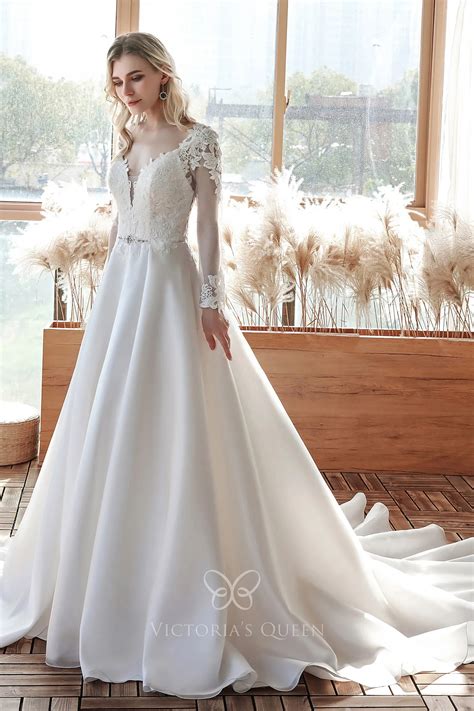 Plunging Neck Sheer Sleeve Vintage Fall Bridal Dress - VQ