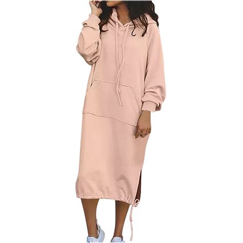 Women Long Sleeve Pullover Hoodie Dress Solid Color Pocket Sweatshirt ...
