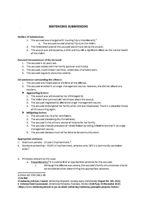 Sentencing Submission Outline for Criminal Case Analysis - Studocu