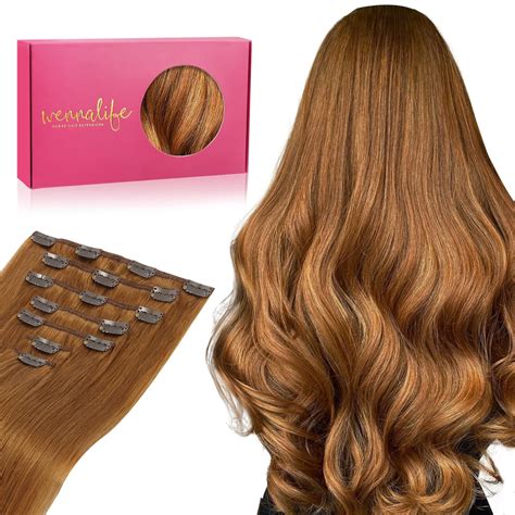 WENNALIFE Clip in Extensions Echthaar, 40cm 16 Zoll 120g 7pcs Auburn ...