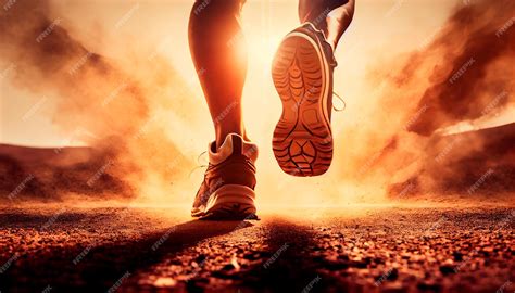 Primer plano en los pies de atleta del corredor del zapato corriendo en la carretera bajo la luz ...