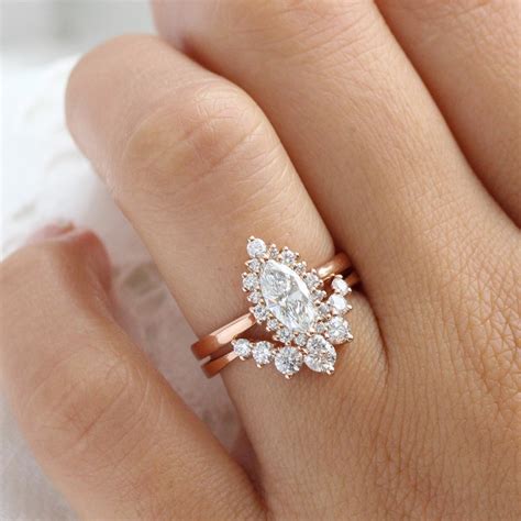 Halo Style Marquise Lab Diamond Ring Set Gold Big Diamond Curved Band ...