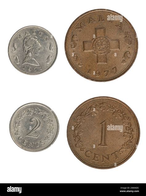 Two coins from Malta, 1 cent and 2 cents, dated 1977, obverse and ...