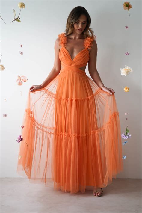 Galiena Ruffle Tulle Maxi Dress | Orange - L (12) | Orange bridesmaid ...