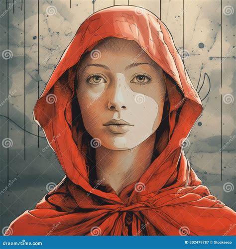 Highly Detailed Illustration of a Woman in a Red Hooded Shirt with ...