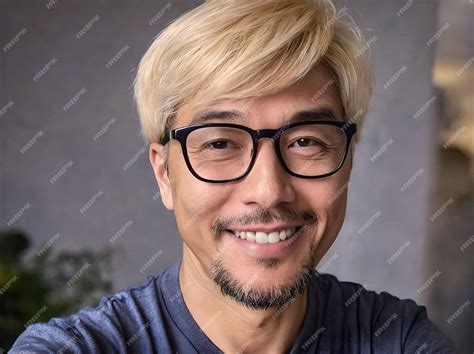 Premium Photo | Blonde Asian Guy with Glasses and Facial Hair Smiling ...