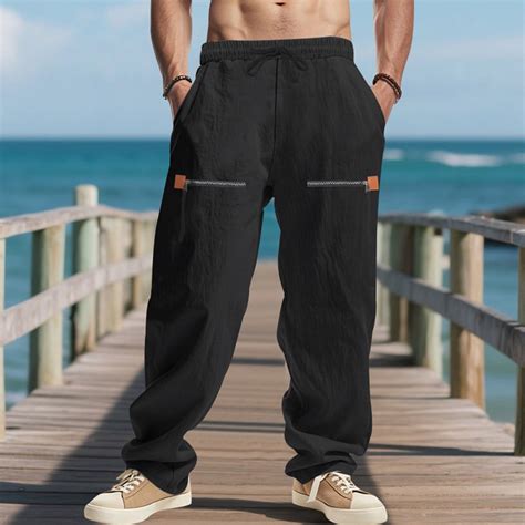 COSFO Mens Pants Cotton Linen Casual Wide Leg Black Trousers Elastic ...