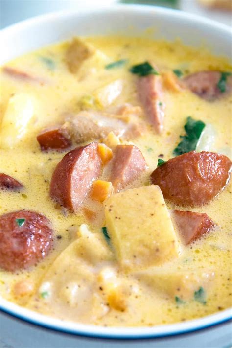 This potato kielbasa soup recipe is full of crispy sausage pieces and ...