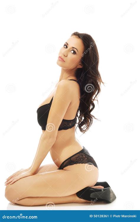 Side View Woman in Lingerie Sitting on Knees Stock Image - Image of ...
