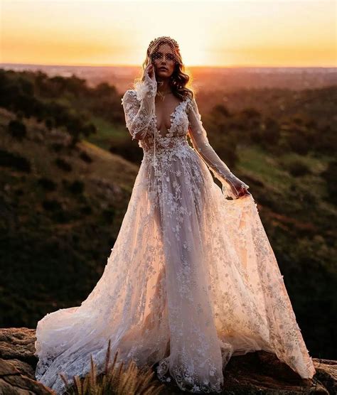 Bohemian Wedding Gown Pattern White Lace & Butterflies | Boho Magic