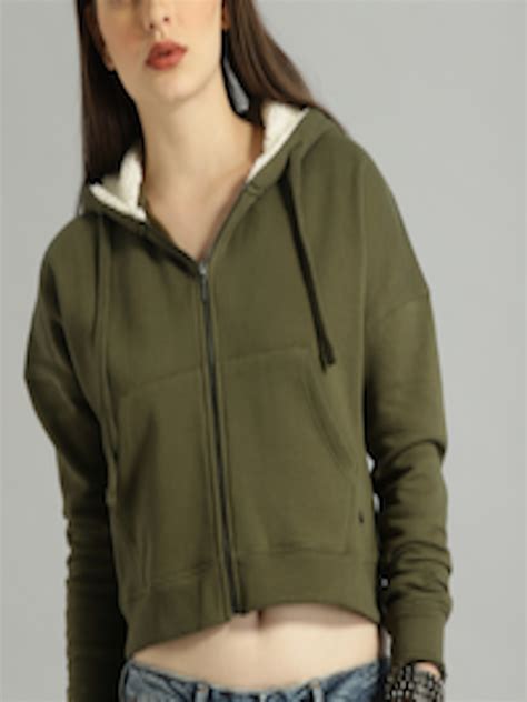 Buy Roadster Women Olive Green Solid Hooded Sweatshirt - Sweatshirts ...