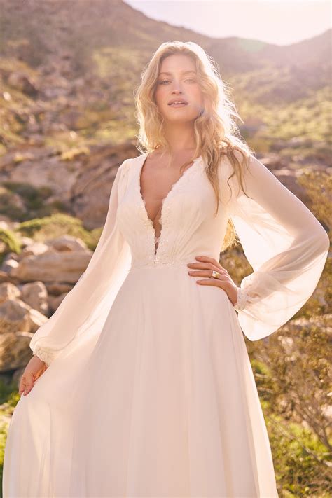 66305: Chiffon A-Line Bridal Dress with Blouson Sleeves | Lillian West