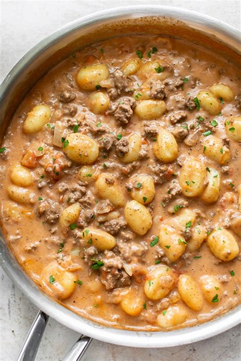 Easy one pan gnocchi with ground beef in a tomato cream sauce. Fast ...