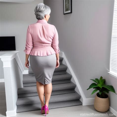 Mature Woman in Pink Blouse Walking Up Stairs | Stable Diffusion Online