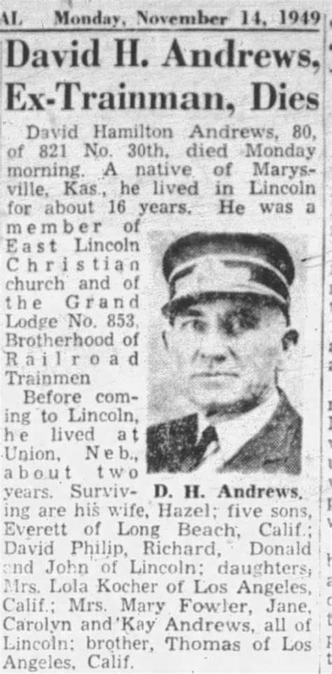 David H. Andrews, Ex-Trainman, Dies, obituary, Lincoln Journal Star ...