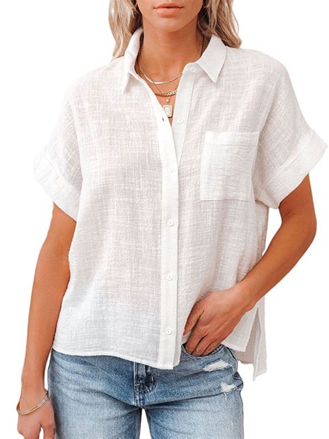 Women Short Sleeve Cotton and Linen Shirts V Neck Collared Button Down ...