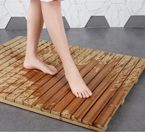 SHUITUKOUU Natural Wooden Shower Mat,Wooden Shower Board,Bathroom Anti ...