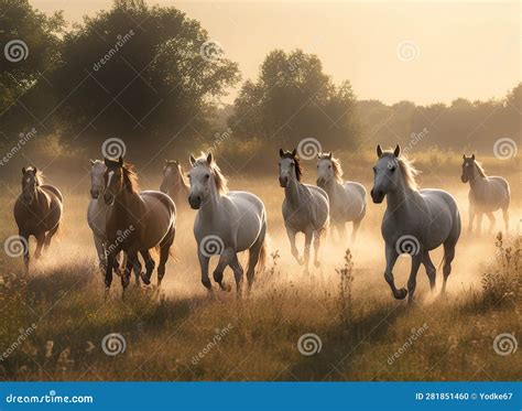 Image of Flock of Horses in the Fertile Meadows and Forests. Wildlife ...